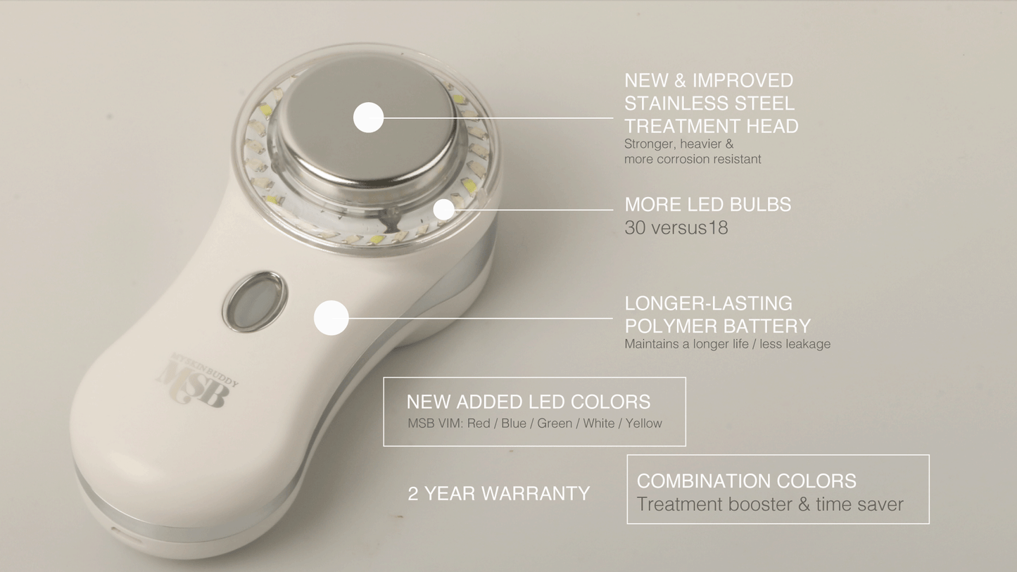 MySkinBuddy Boost 6-in-1 LED light therapy device with stainless steel head, 30 LED bulbs, and multi-color light settings for advanced skincare.