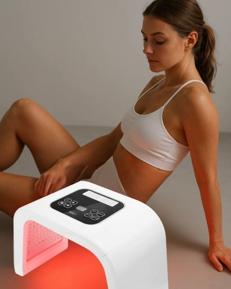 Woman seated beside the Omega LED light therapy device with red light illuminated