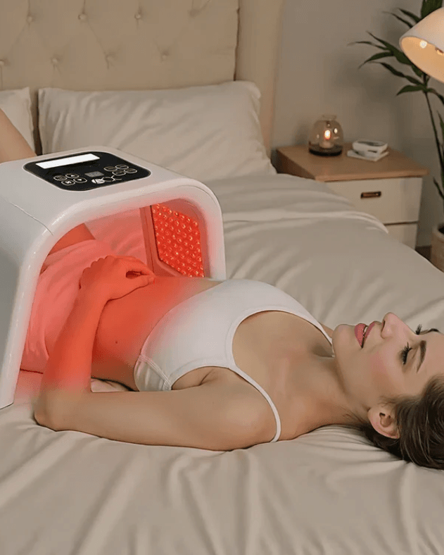 Omega Bright LED Light Therapy Device in use for abdominal skin treatment. Features red light mode for skin rejuvenation and pain relief at home.
