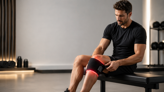 Athlete using a 660nm red and 850nm near-infrared light therapy belt on knee for joint recovery