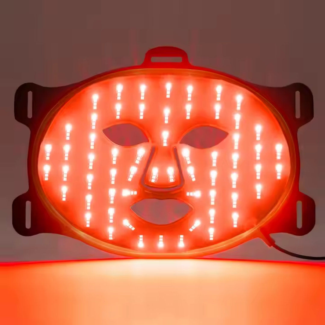Inside view of LED red light therapy mask showing illuminated treatment lights
