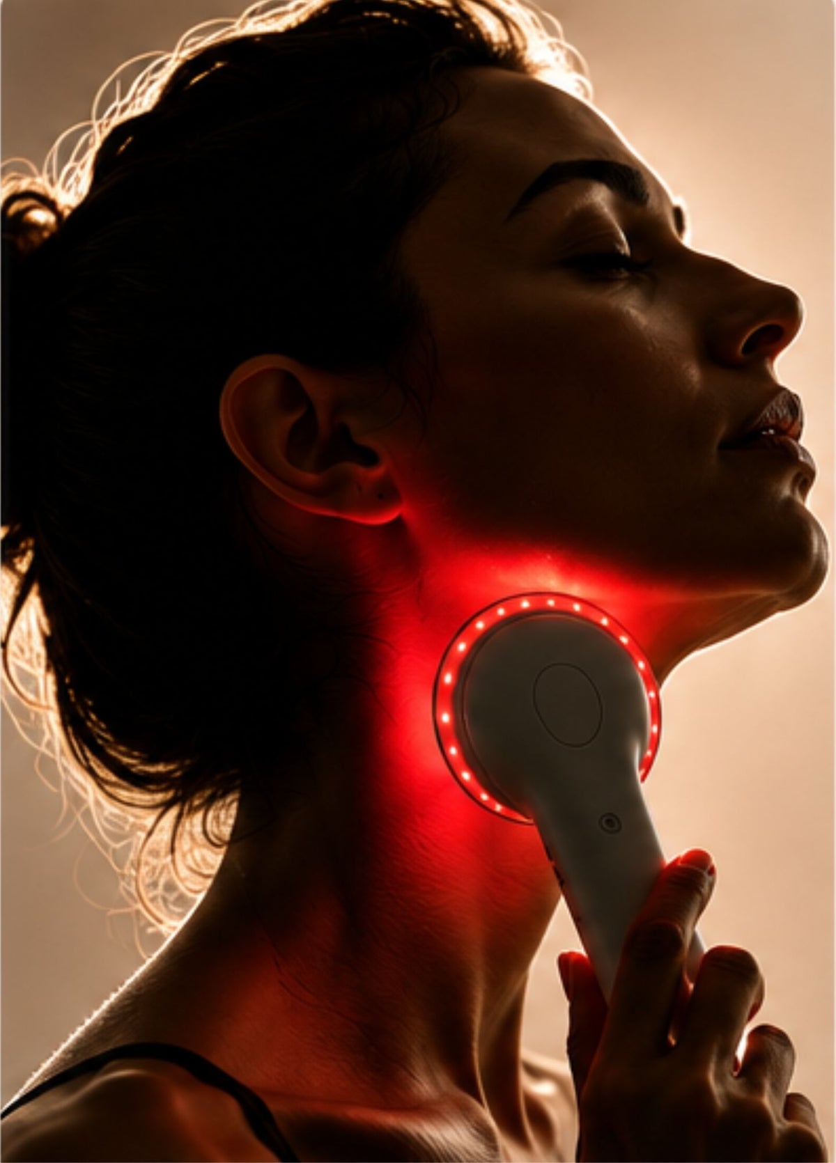 Woman using a red LED light therapy device on her neck to support firmer-looking skin and reduce the appearance of fine lines.