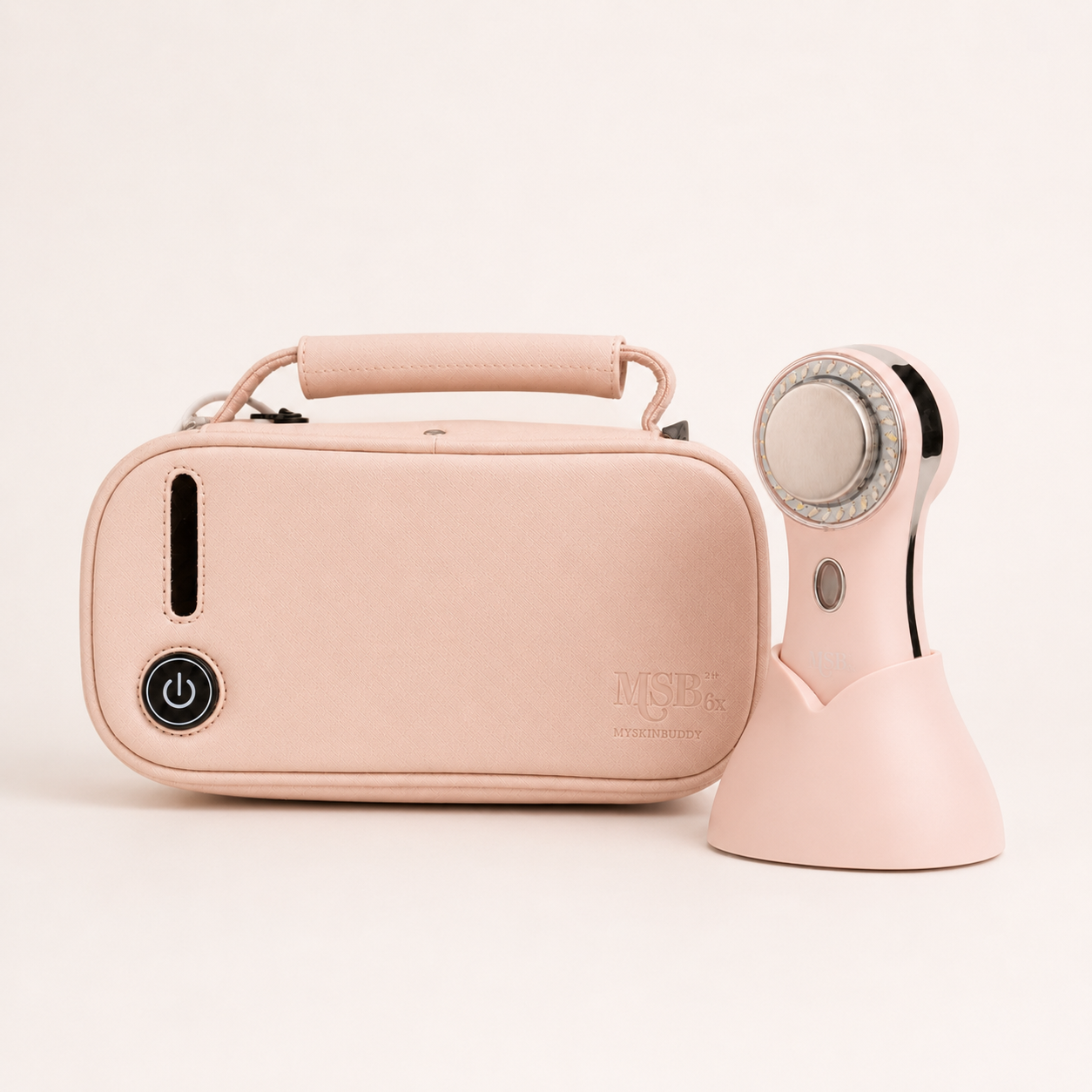 MySkinBuddy Pro skincare device with charging stand and travel case for an advanced at-home facial treatment routine
