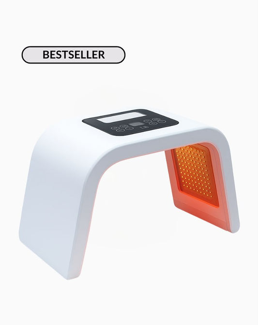 Omega Bright LED Light Therapy Device with 7-color skin rejuvenation panel emitting blue light, ideal for acne and wrinkle treatment at home.
