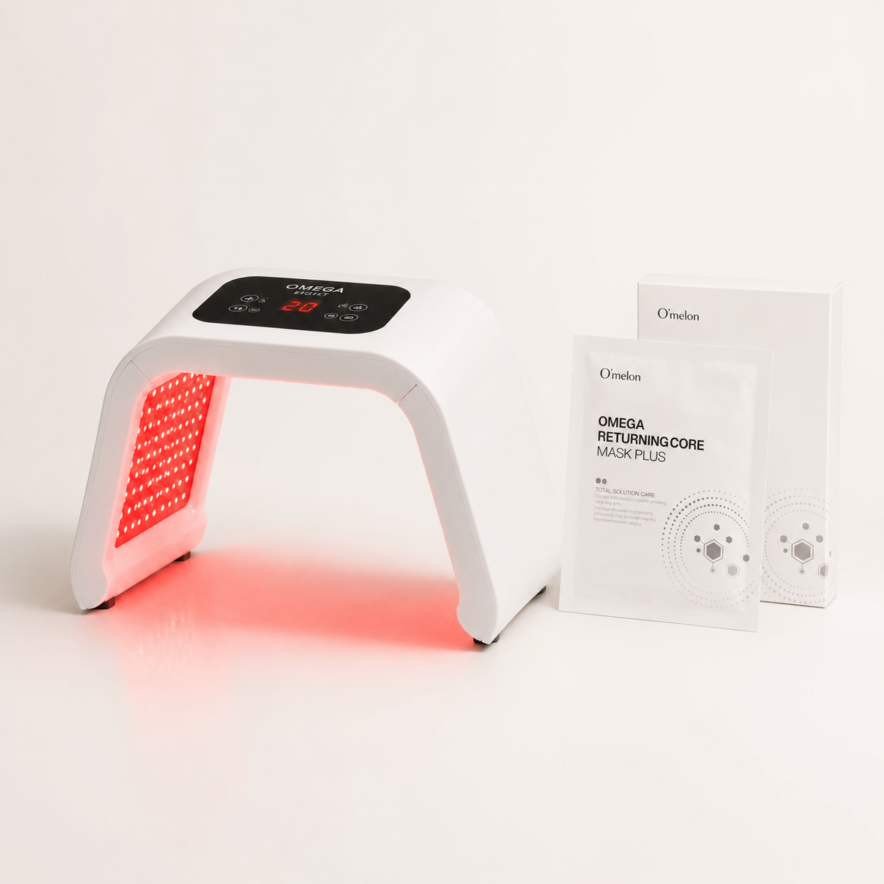Omega LED light therapy device with O'melon Omega Returning Core facial sheet mask bundle for at-home skin rejuvenation