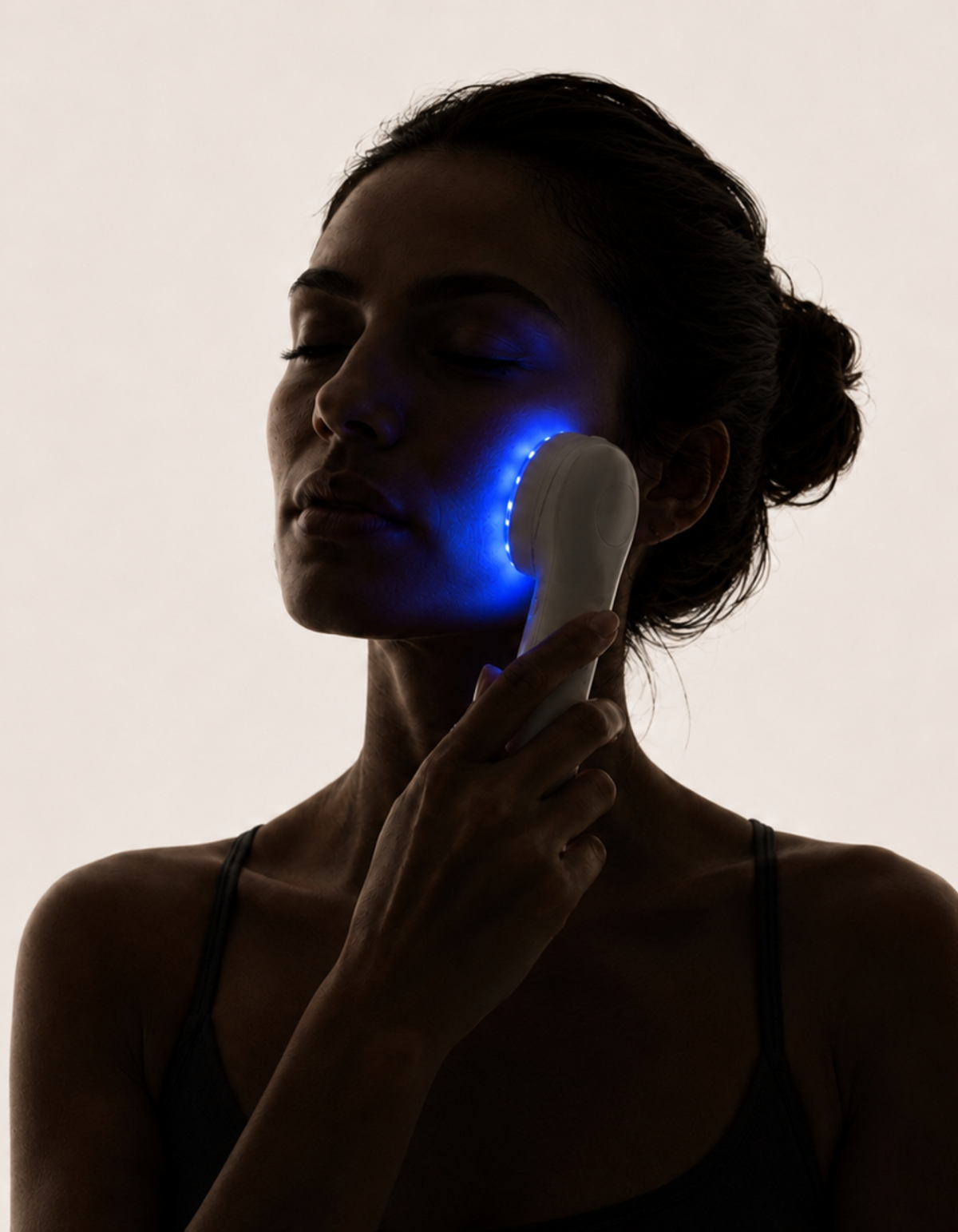 Woman receiving blue LED light therapy to help reduce breakouts and support clearer-looking skin.