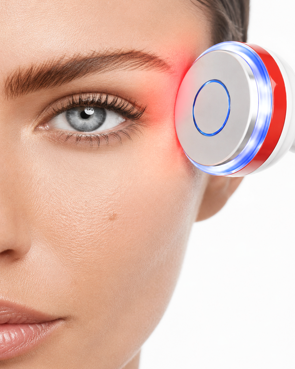 A woman's face with a Luminmax LED red light therapy device pressed against her upper eyelid, emitting a red glow, on a white background.