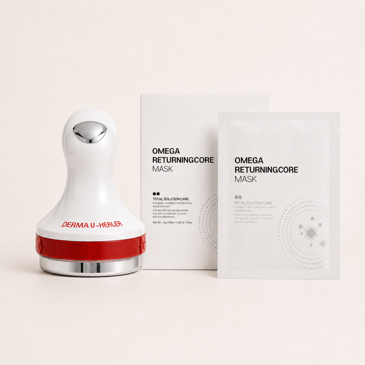 O'melon Derma U-Healer skincare device with Omega Returning Core facial sheet mask bundle for firm, hydrated-looking skin