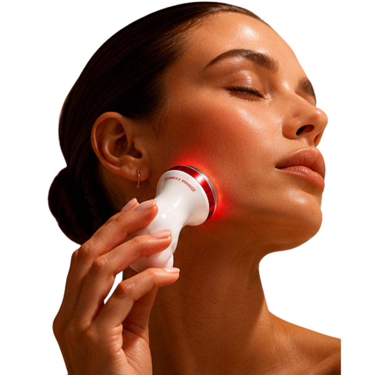 a woman using an anti-aging LED red light therapy device