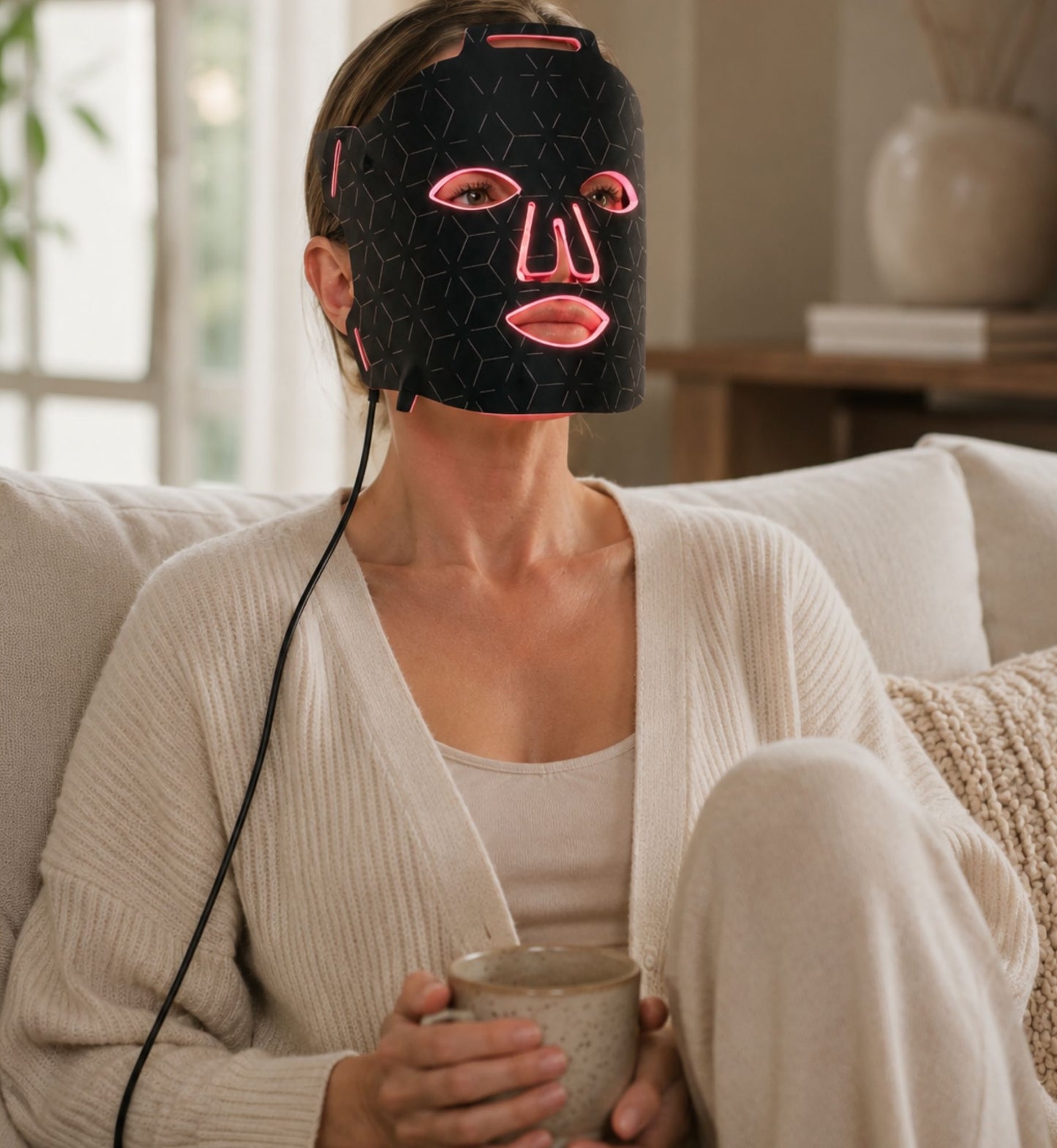 Woman using LuminmaxLED red and near-infrared LED light therapy mask at home on the couch