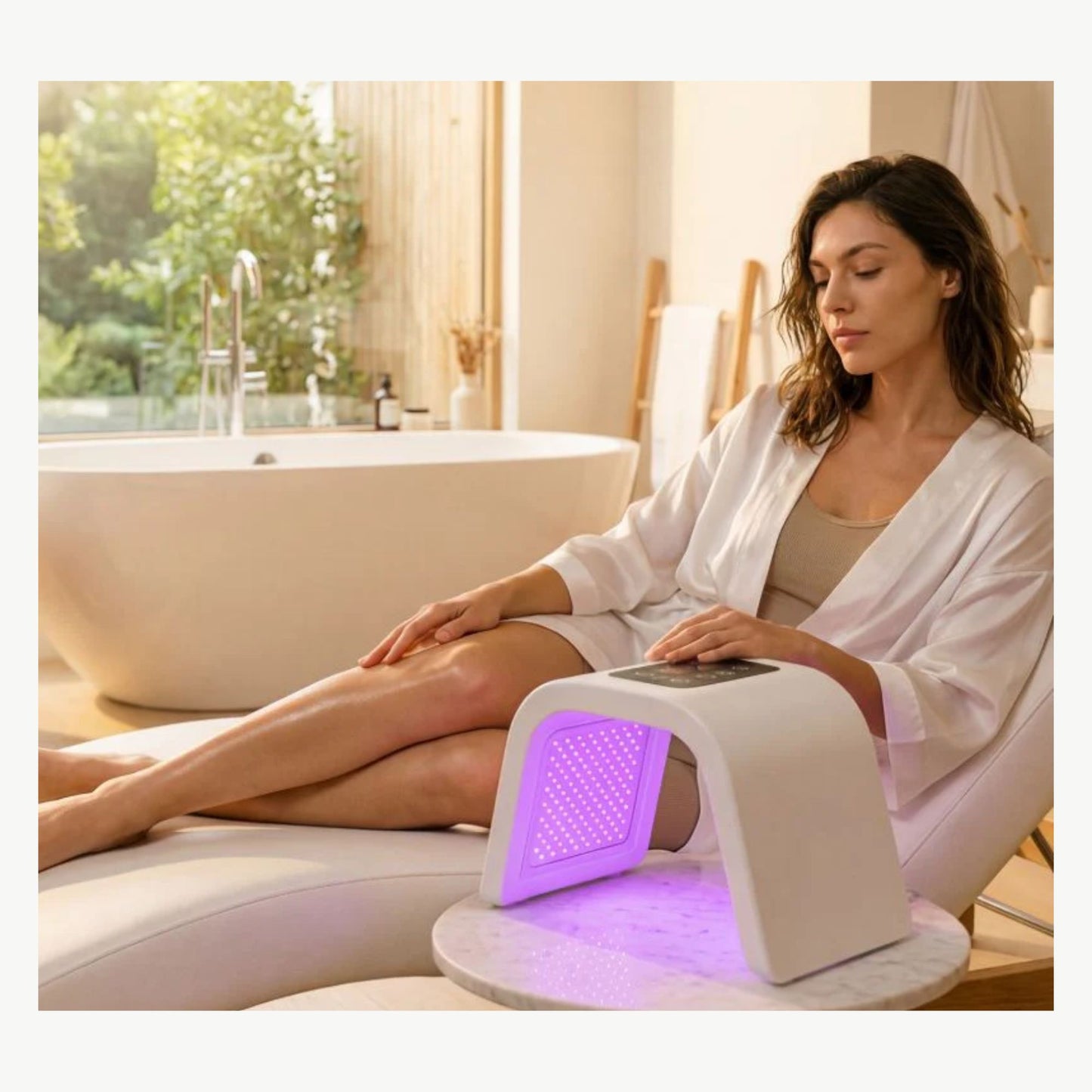 Luxury at home LED light therapy device for skin rejuvenation and body treatment in a spa-inspired setting using clinically advanced light therapy technology