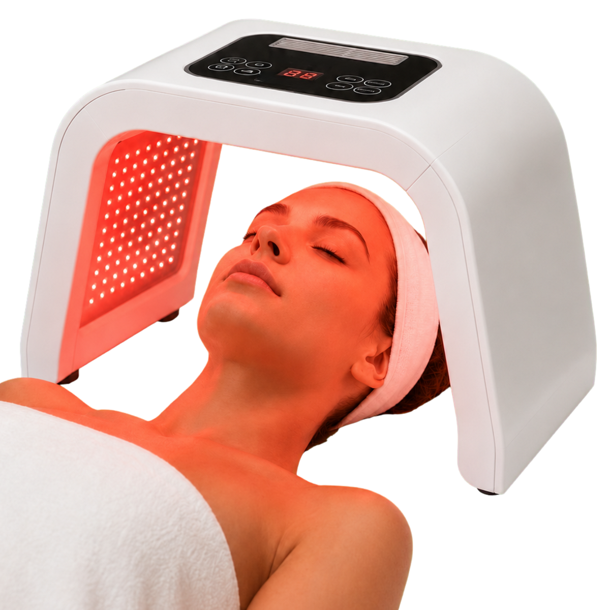 A woman laying under Omega LED light therapy device