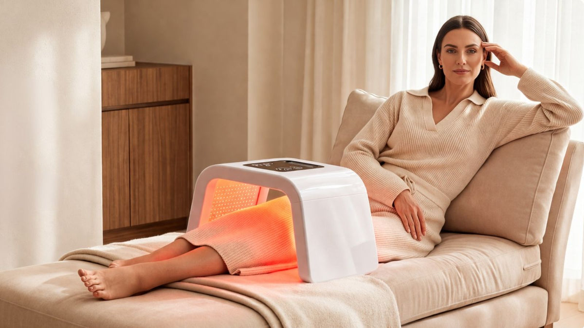 Woman relaxing at home using LuminmaxLED device