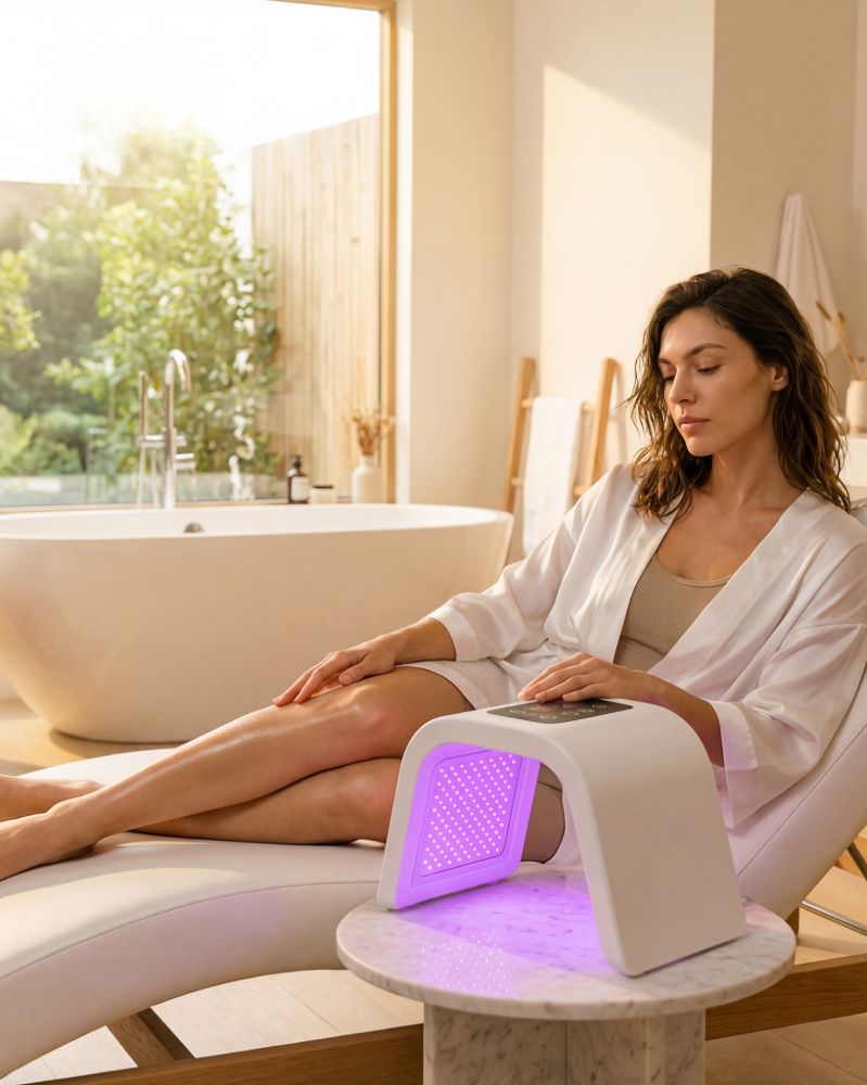 Luxury at home LED light therapy device for skin rejuvenation and body treatment in a spa-inspired setting using clinically advanced light therapy technology
