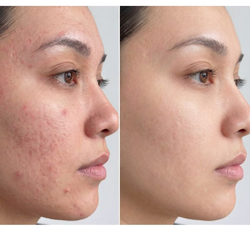 Before and after acne treatment results showing reduced breakouts, smoother skin texture, and improved skin clarity after consistent use of LED red light therapy device