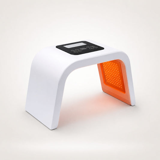 Omega Bright LED Light Therapy Device with 7-color skin rejuvenation panel emitting blue light, ideal for acne and wrinkle treatment at home.