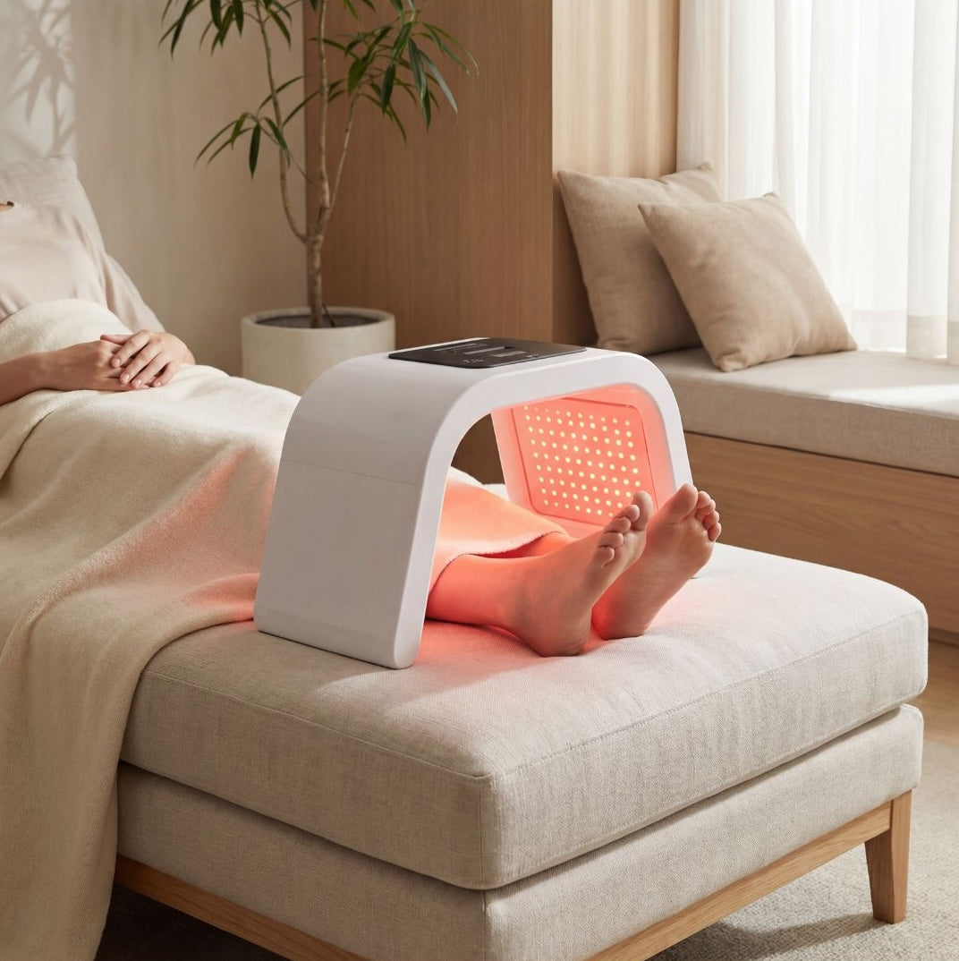 A woman using Omega LED light therapy device for comfort and recovery