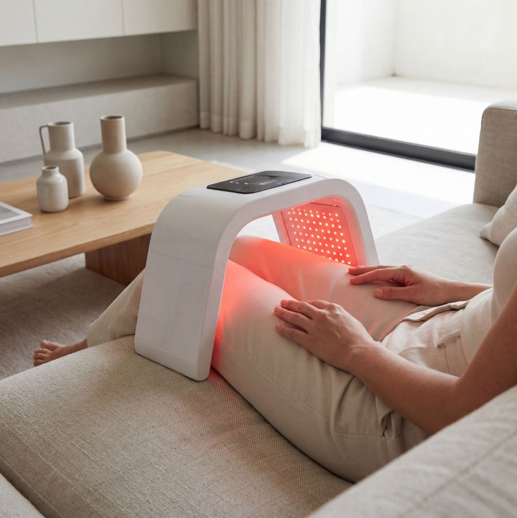 Omega LED red light therapy device for home use on legs, improving circulation, muscle recovery, and skin rejuvenation with near infrared light