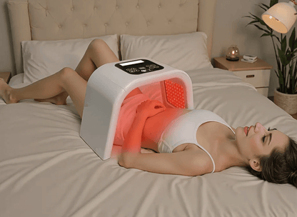 Omega Bright LED Light Therapy Device in use for abdominal skin treatment. Features red light mode for skin rejuvenation and pain relief at home.