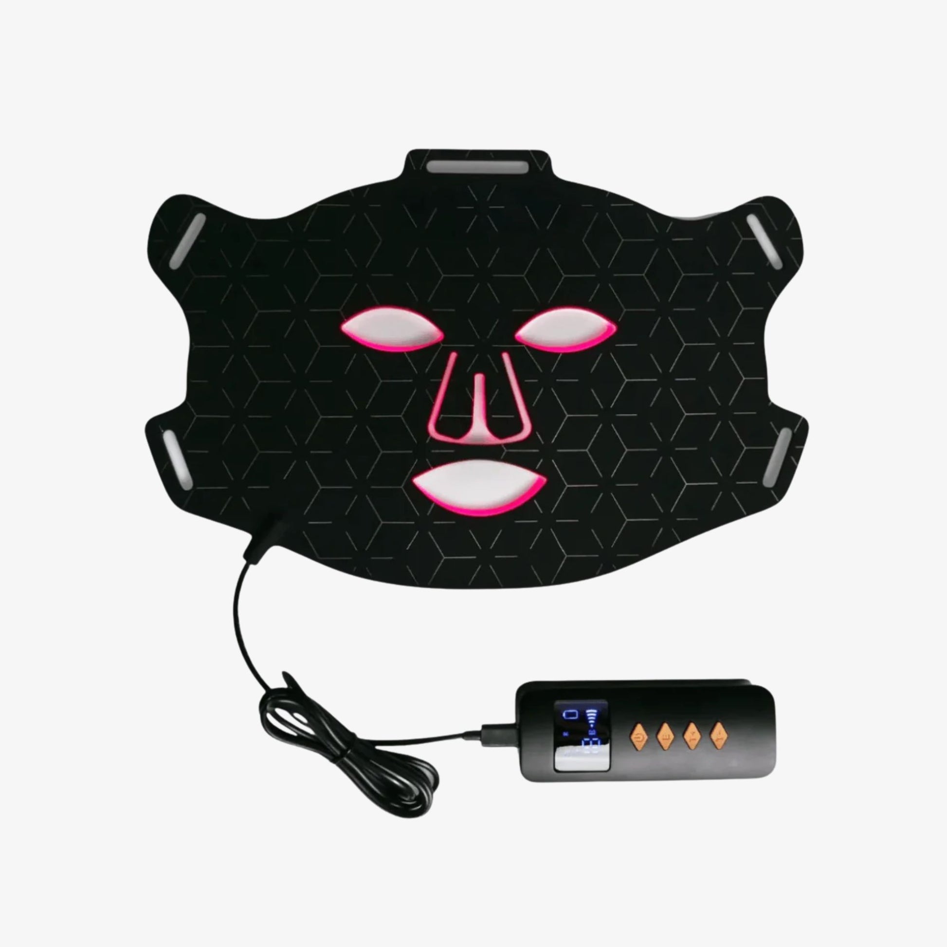 Professional LED red light therapy face mask with handheld controller on light background