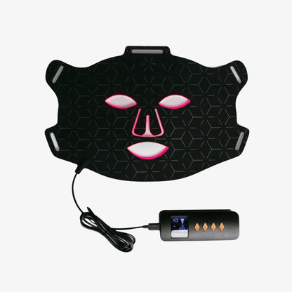 Professional LED red light therapy face mask with handheld controller on light background
