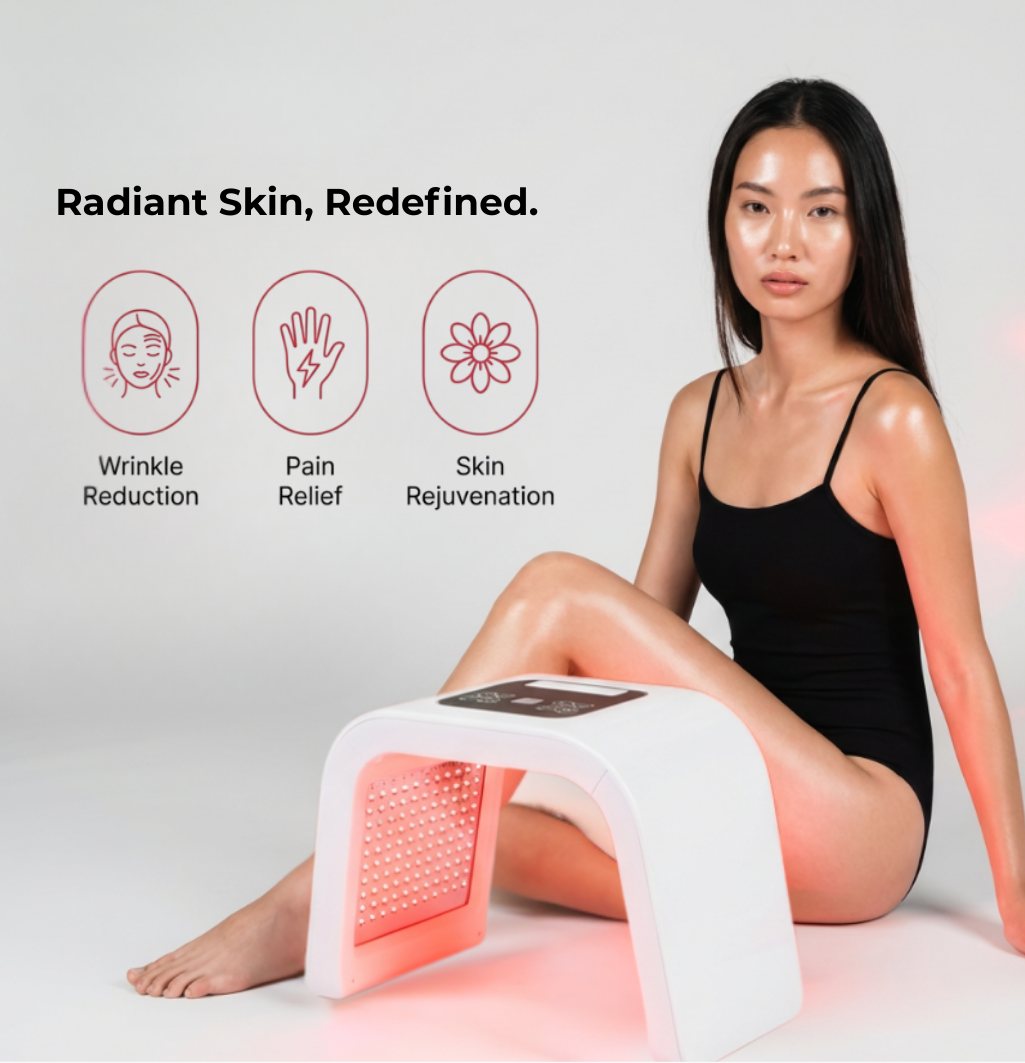 Woman using a skin care device with text 'Radiant Skin, Redefined' and icons for wrinkle reduction, pain relief, and skin rejuvenation.