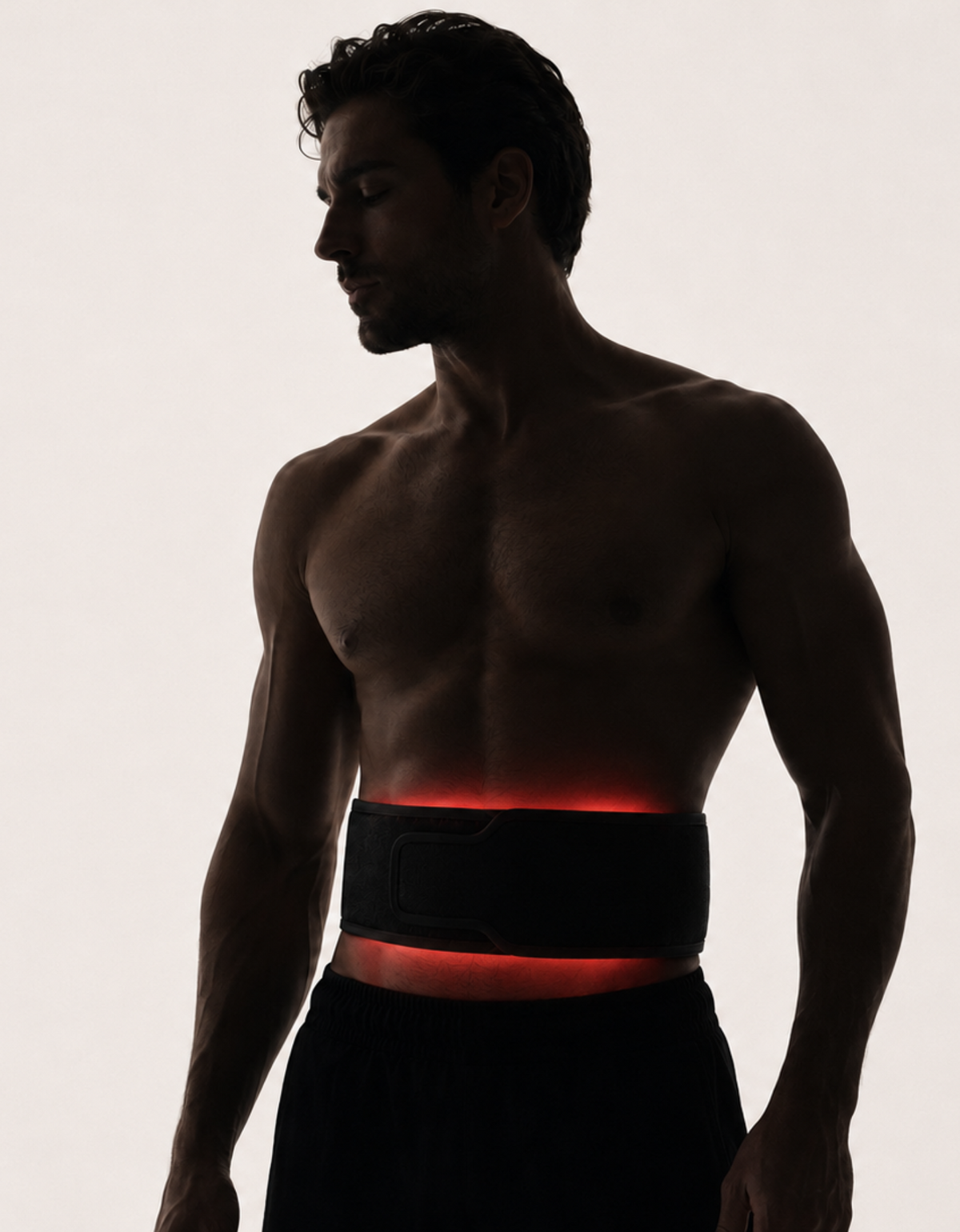 A man wearing a red and near-infrared LED light therapy belt around the lower back for muscle recovery and everyday wellness.