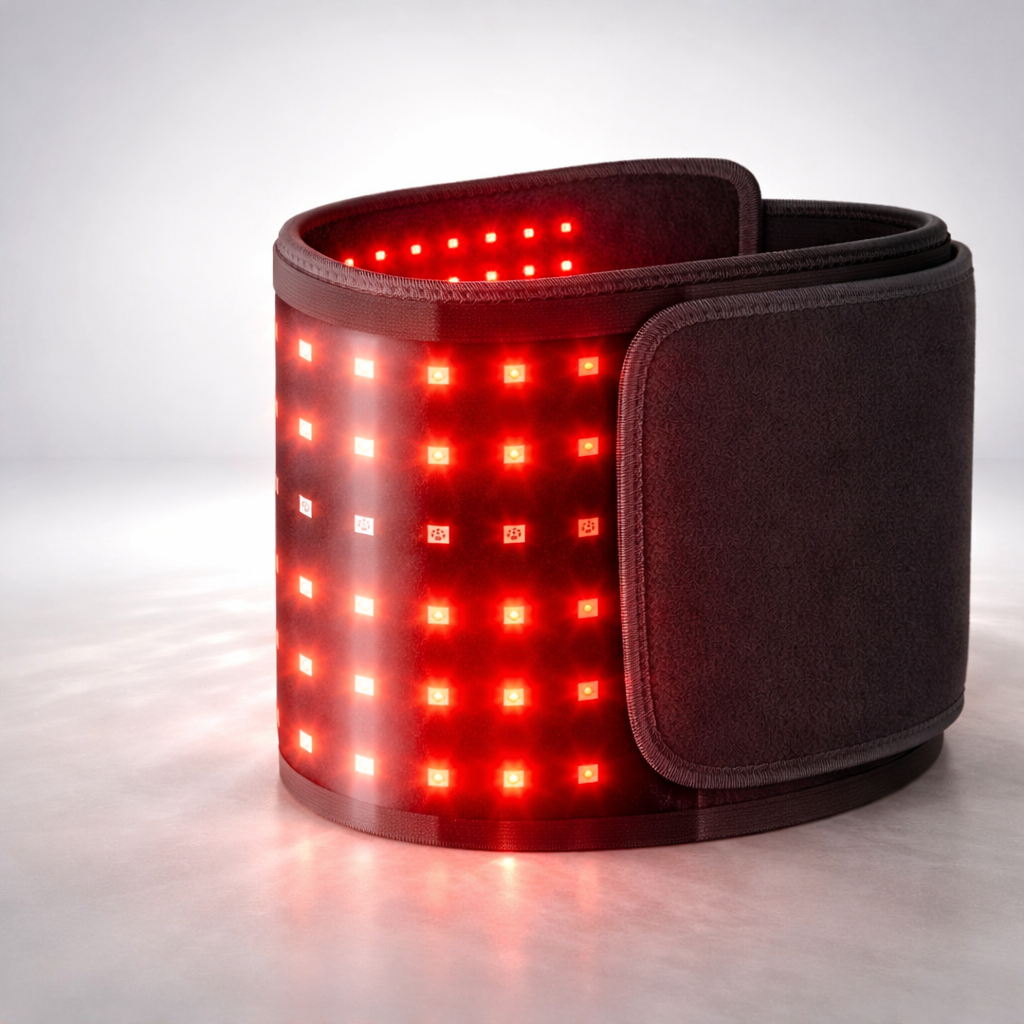 Red and near infrared LED therapy belt with glowing 660nm and 850nm lights for muscle recovery