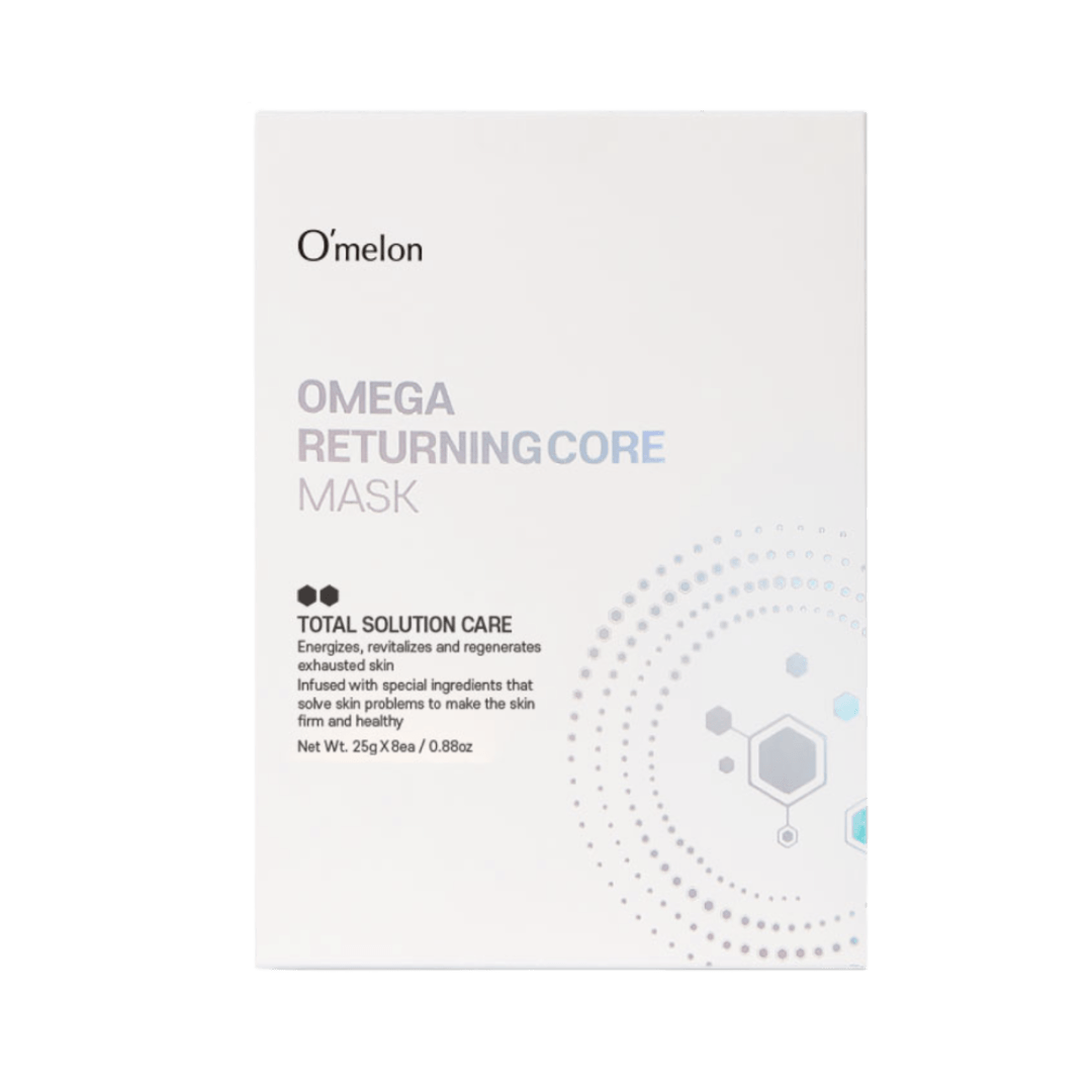 O'melon Omega Returning Core Sheet Mask packaging for hydrating anti-aging skincare. Designed to boost radiance and skin elasticity in all types.