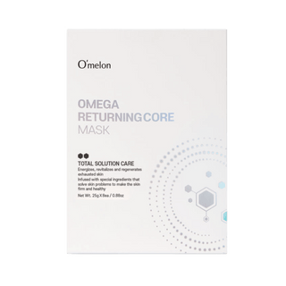O'melon Omega Returning Core Sheet Mask packaging for hydrating anti-aging skincare. Designed to boost radiance and skin elasticity in all types.