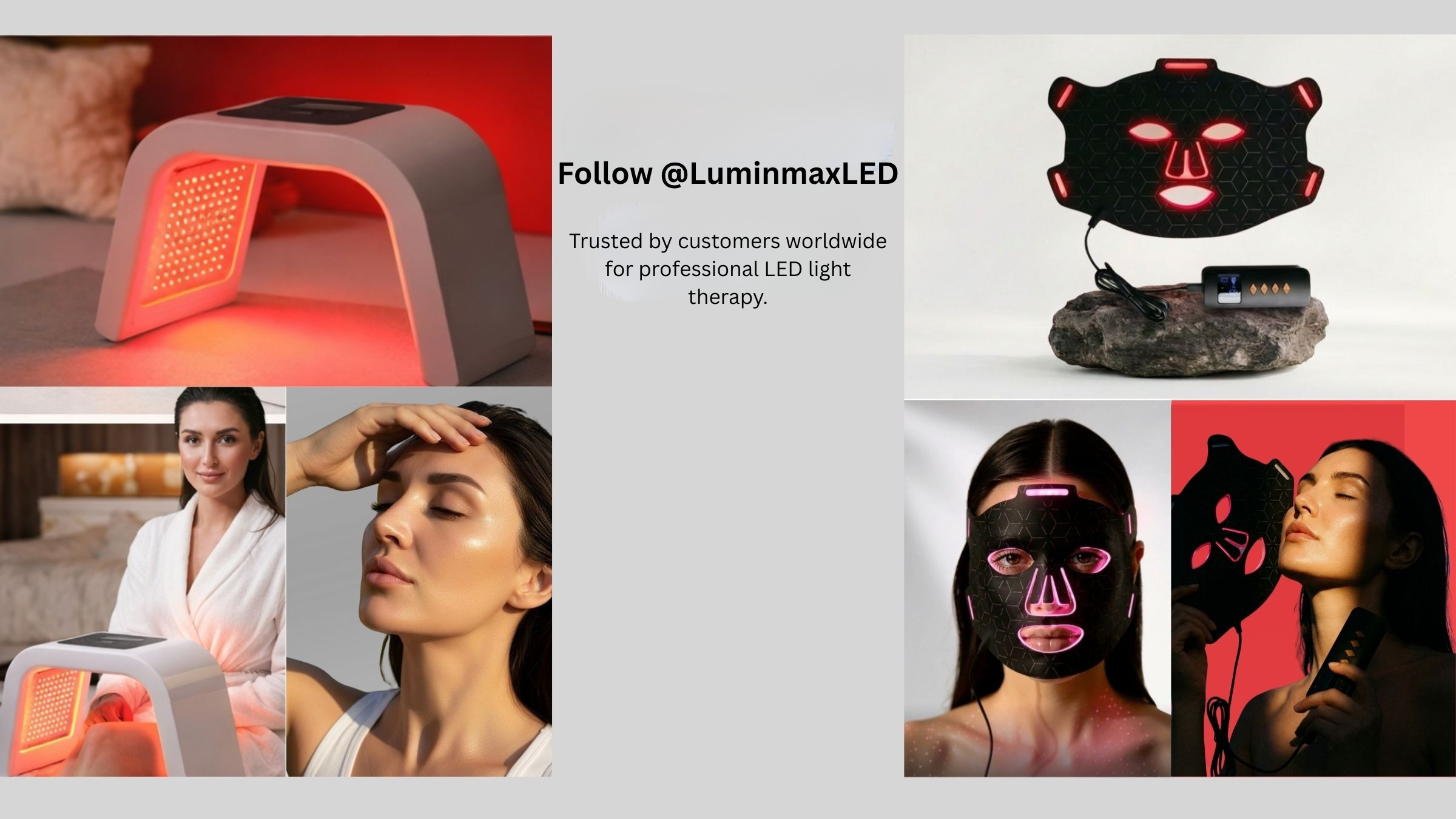 Promotional collage of LED light therapy devices and their users, with LuminmaxLED branding.