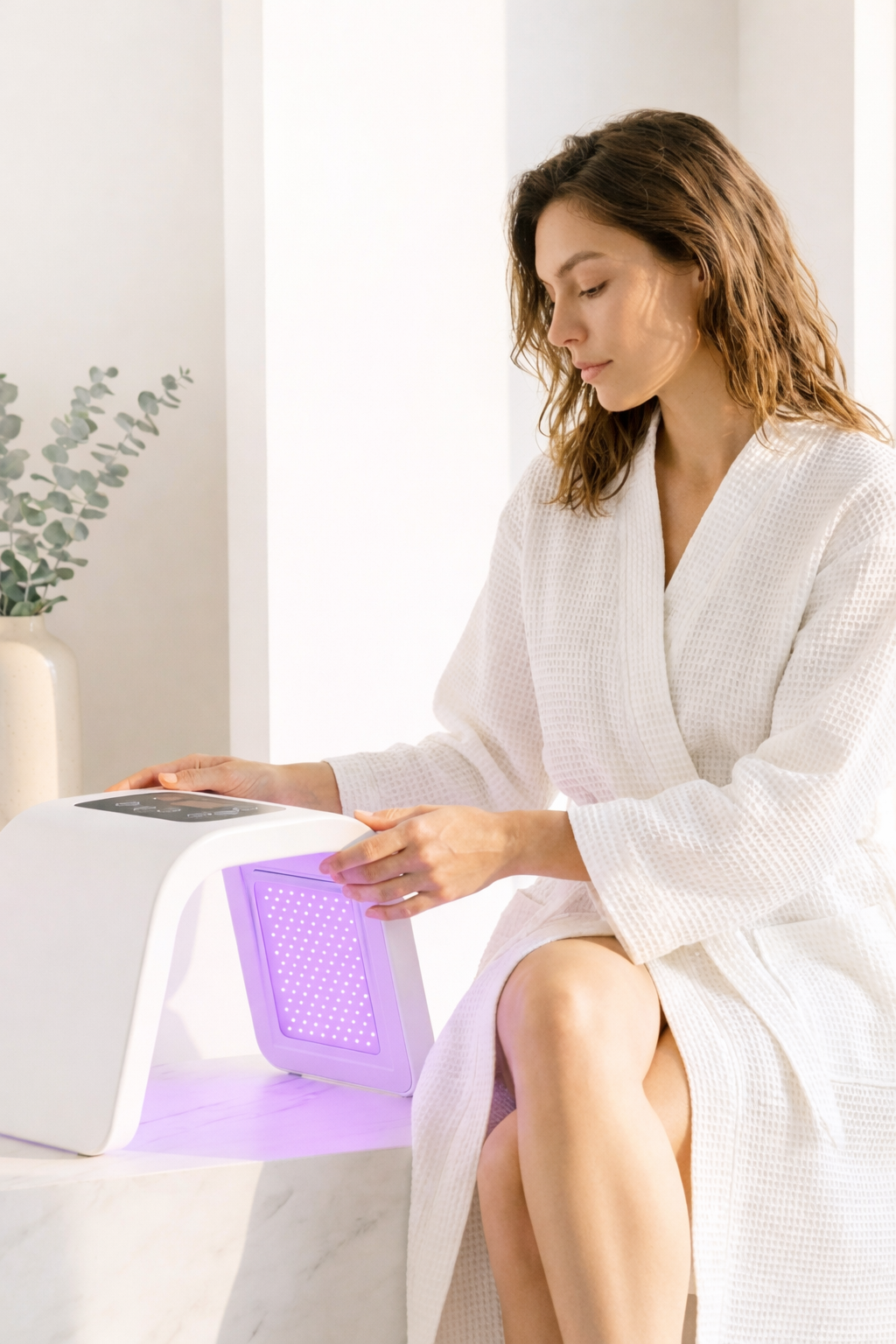 Woman in a white robe using a purple LED light therapy device in a bright room.