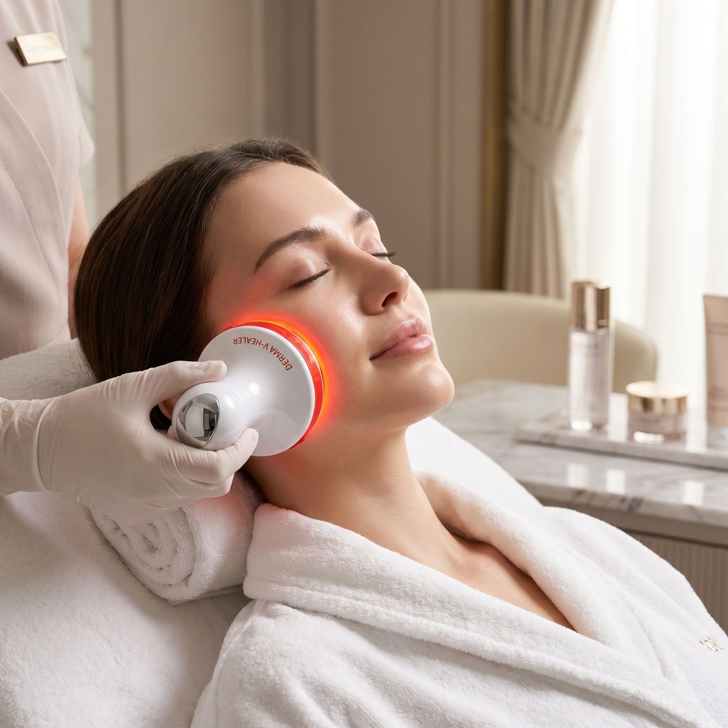 Woman receiving a facial treatment with a O'melon V derma device